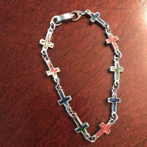 Silver Bracelet with Multi Color Crosses